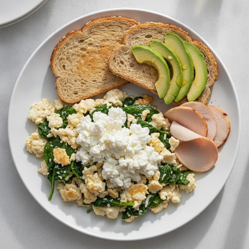 Egg White and Spinach Scramble with Cottage Cheese and Sliced Turkey