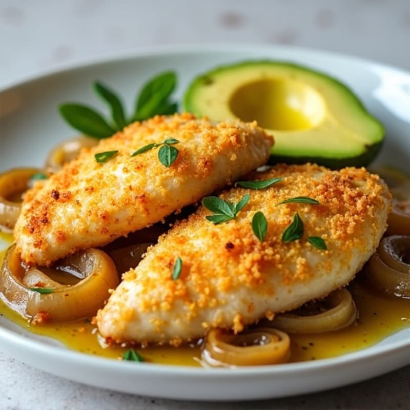 Baked Parmesan Crusted Chicken Tenderloins with Sautéed Onions and Fresh Avocado