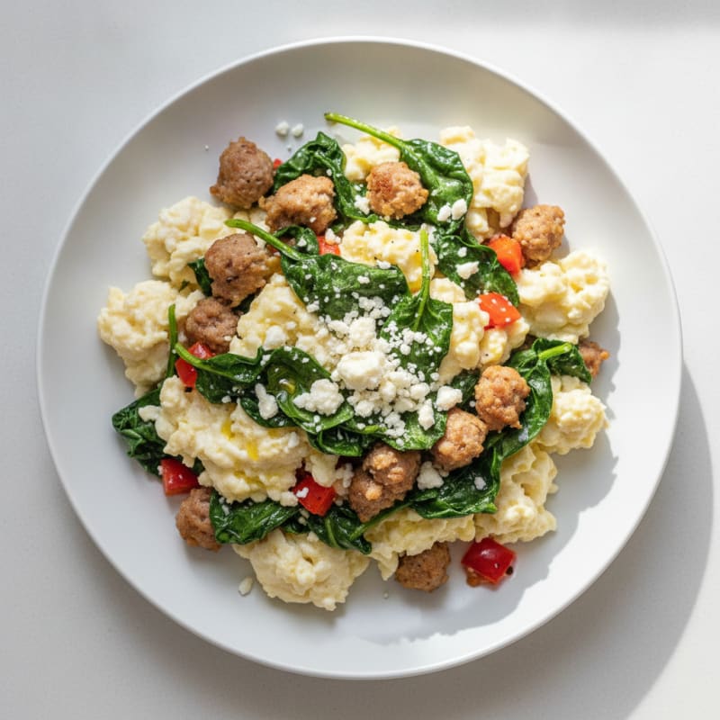 Egg White Scramble with Turkey Sausage and Sautéed Spinach