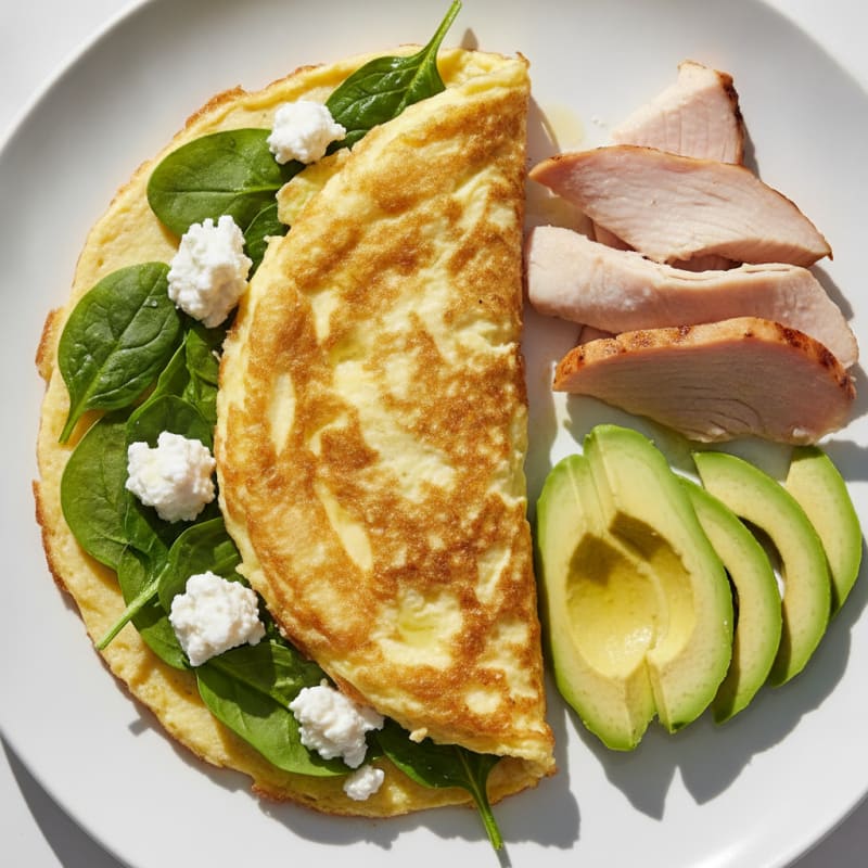 Egg White Spinach Omelette with Cottage Cheese and Sliced Turkey