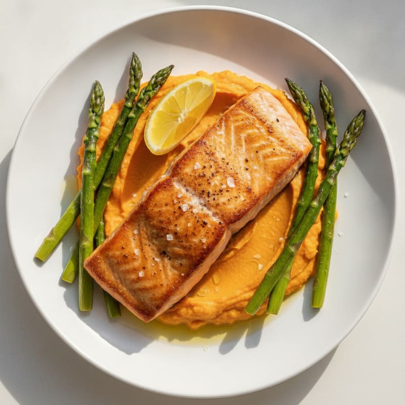 Seared Salmon Fillet with Roasted Asparagus and Sweet Potato Mash