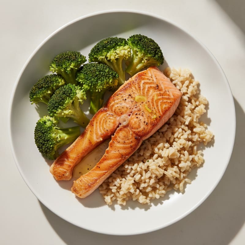 Seared Salmon Filet with Steamed Broccoli and Brown Rice