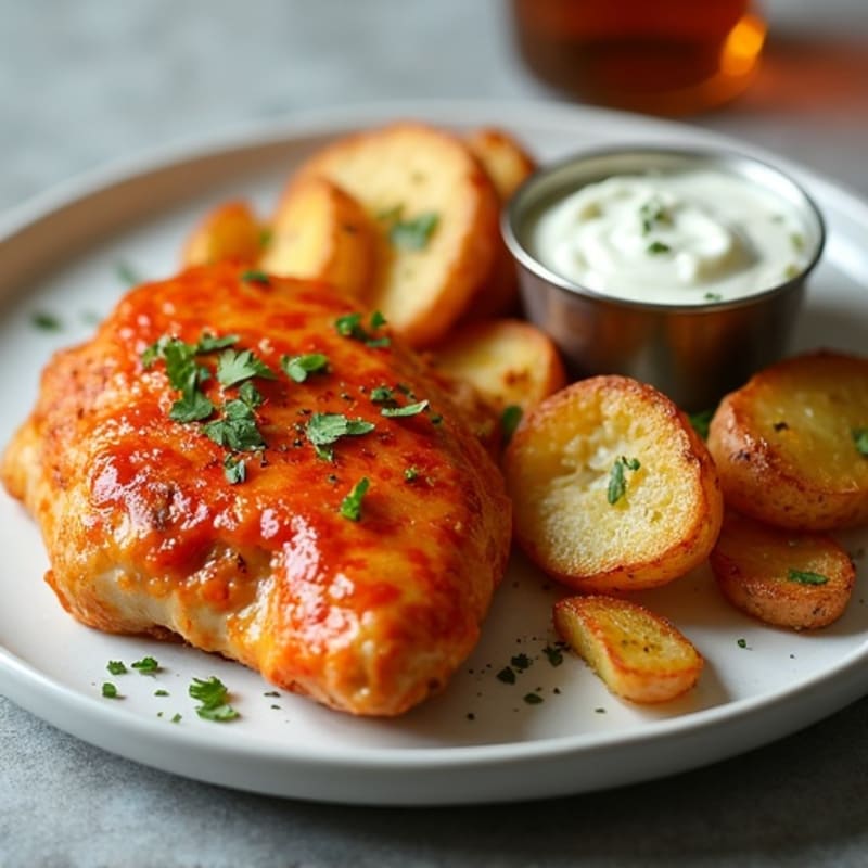 Buffalo Chicken Thighs with Crispy Potato Wedges