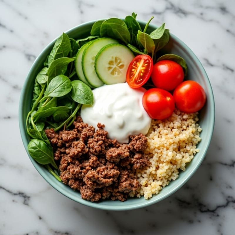 Lean Ground Beef Protein Bowl with Fresh Veggies and Creamy Tangy Dressing