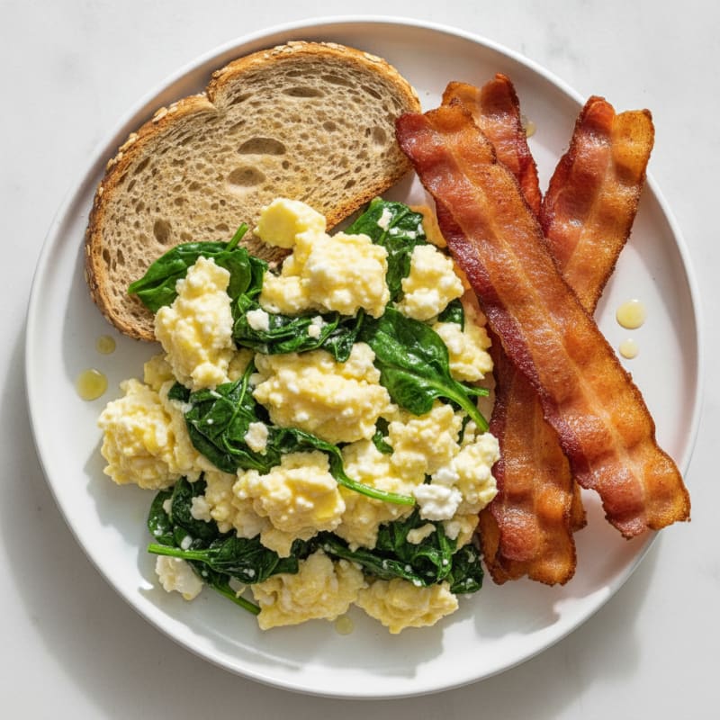 Cottage Cheese Egg Scramble with Sautéed Spinach and Turkey Bacon