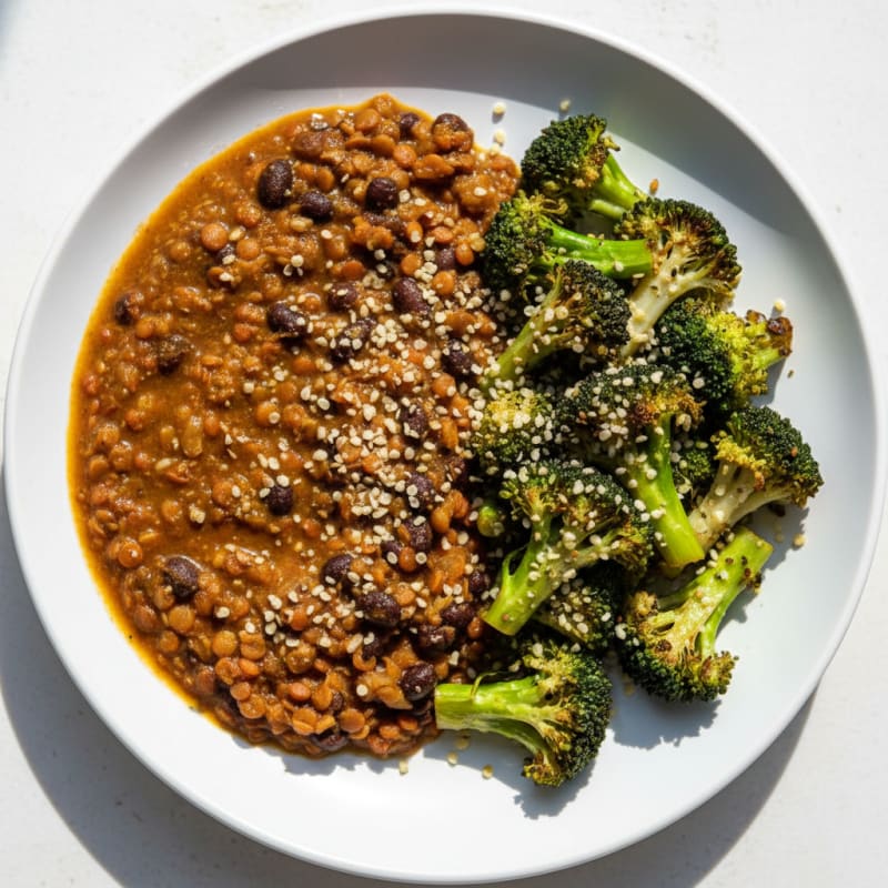 Lentil and Black Bean Stew with Sautéed Broccoli and Hemp Seeds