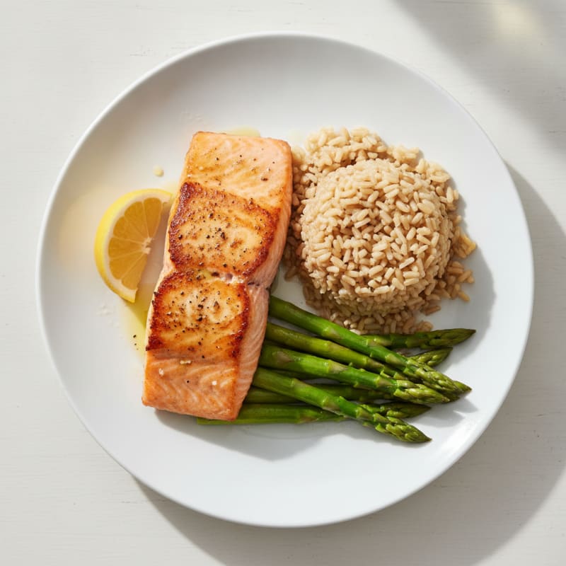 Seared Salmon Fillet with Steamed Asparagus and Brown Rice