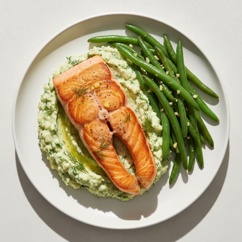 Seared Salmon Fillet with Herb-Cauliflower Mash and Sautéed Green Beans