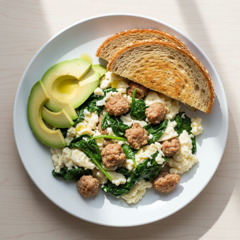 Egg White and Turkey Sausage Scramble with Sautéed Spinach