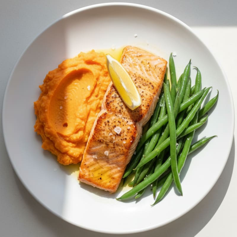 Seared Salmon with Steamed Green Beans and Sweet Potato Mash
