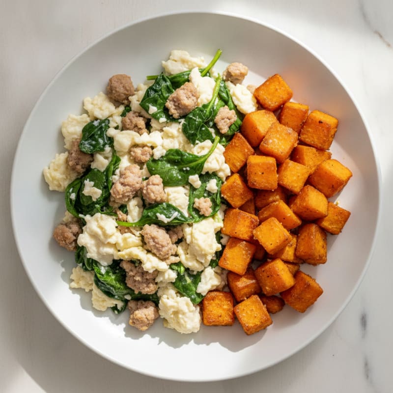 Egg White and Turkey Sausage Scramble with Spinach and Roasted Sweet Potato