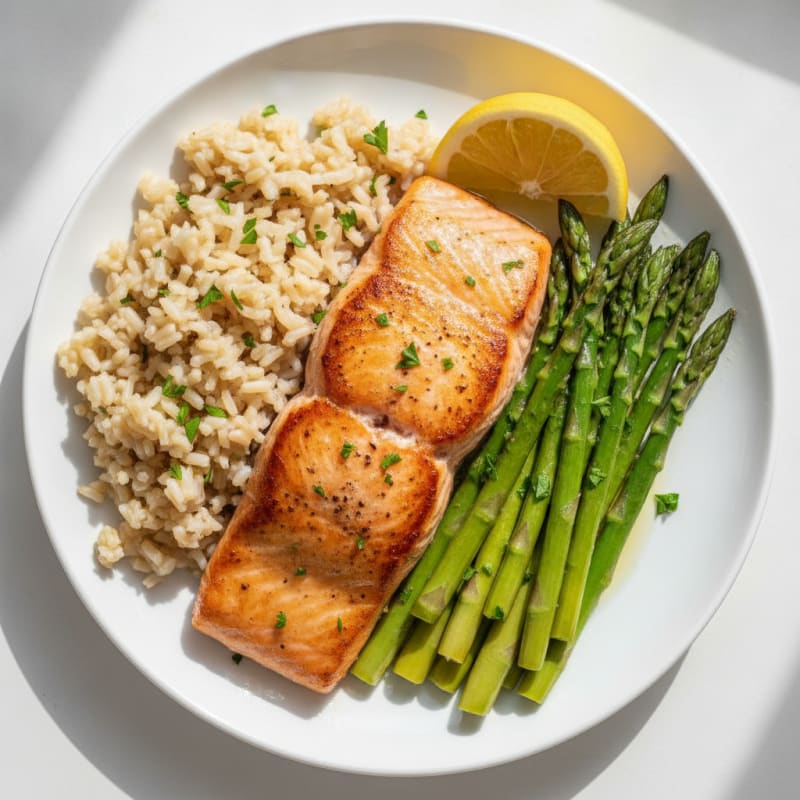 Seared Salmon with Steamed Asparagus and Herbed Brown Rice