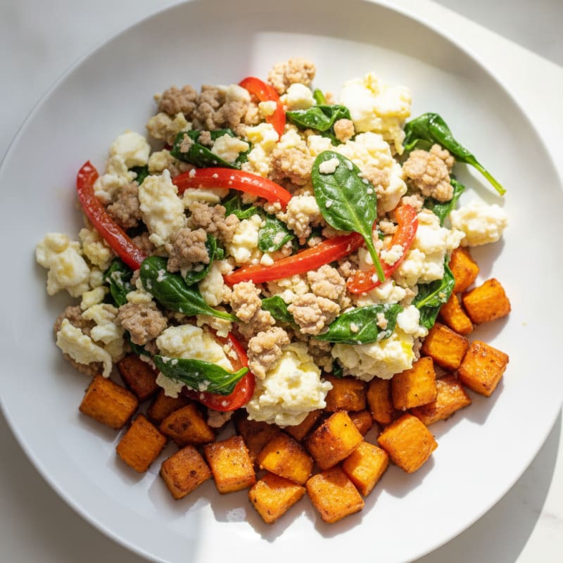 Egg White and Ground Turkey Scramble with Roasted Sweet Potatoes