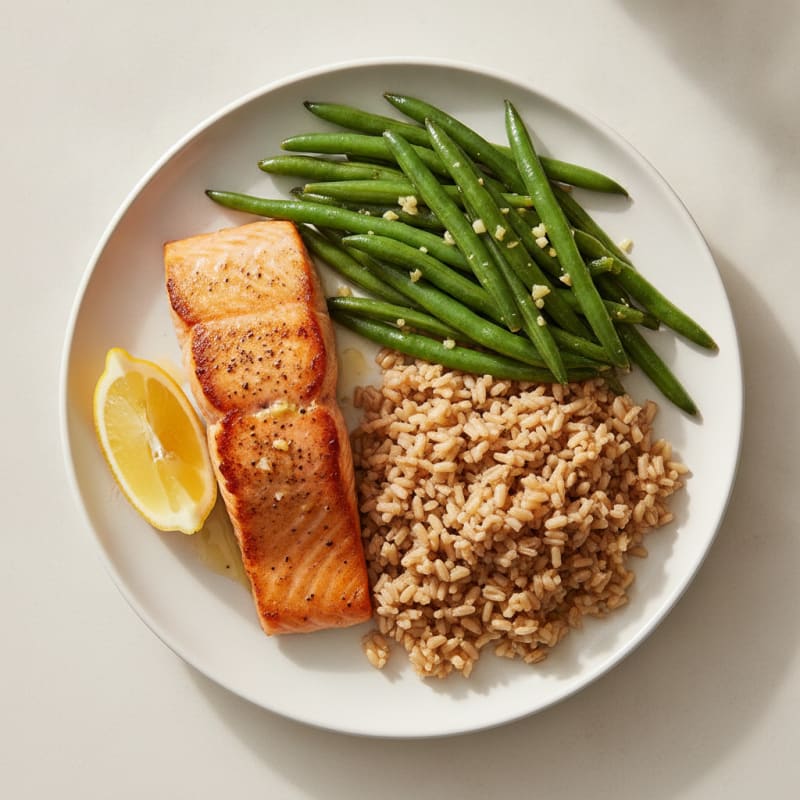 Seared Salmon with Garlic Green Beans and Brown Rice