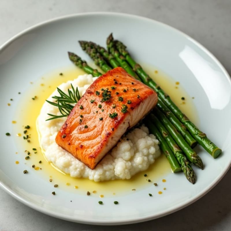 Seared Salmon with Steamed Asparagus and Cauliflower Mash