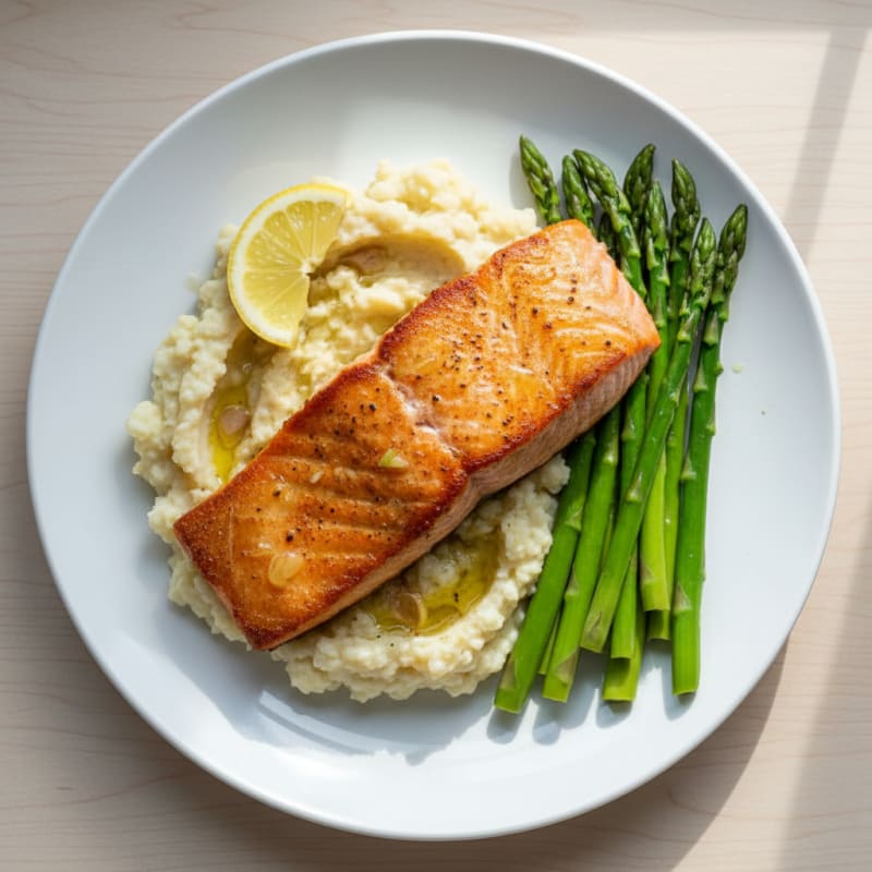 Seared Salmon with Steamed Asparagus and Cauliflower Mash