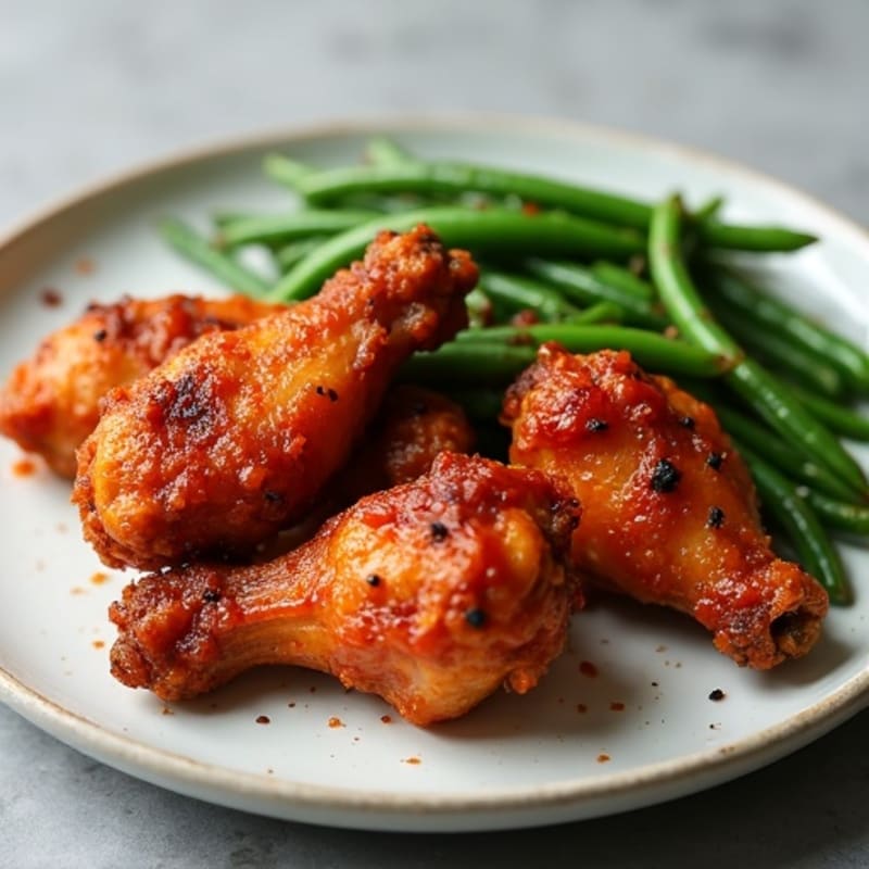 Crispy Baked Spicy BBQ Chicken Wings with Roasted Green Beans