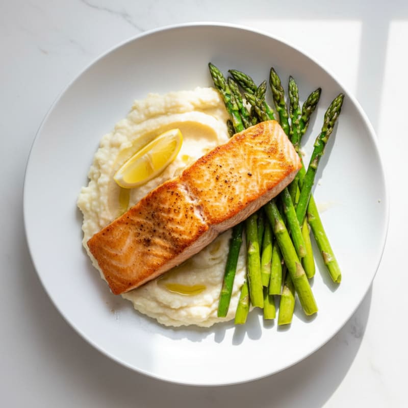 Seared Salmon Fillet with Roasted Asparagus and Cauliflower Mash