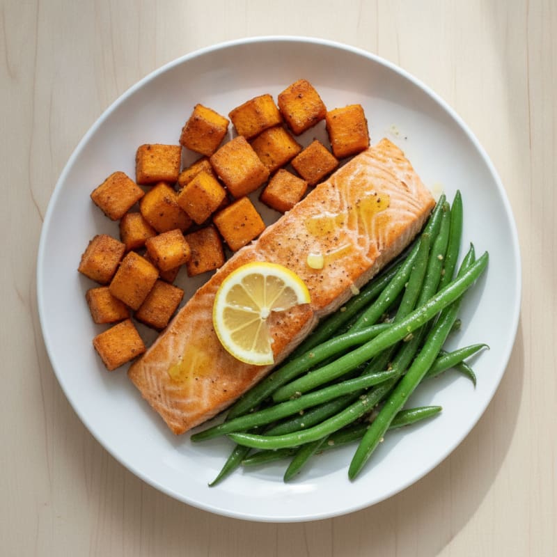 Seared Salmon with Roasted Sweet Potato and Green Beans