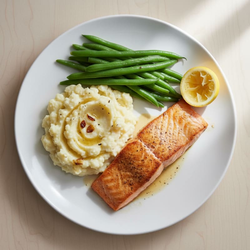 Seared Salmon Fillet with Steamed Green Beans and Garlic Mashed Cauliflower