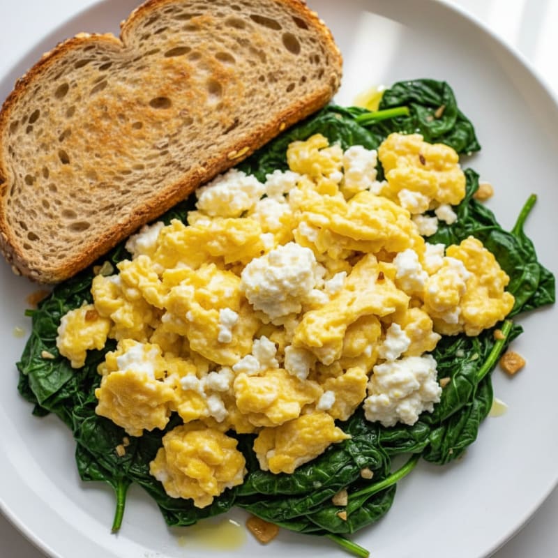 Scrambled Eggs with Cottage Cheese and Sautéed Spinach