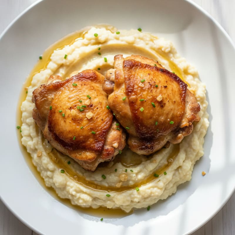 Seared Chicken Thighs with Creamy Garlic Cauliflower Mash