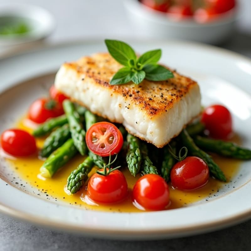 Seared Cod with Roasted Asparagus and Cherry Tomatoes