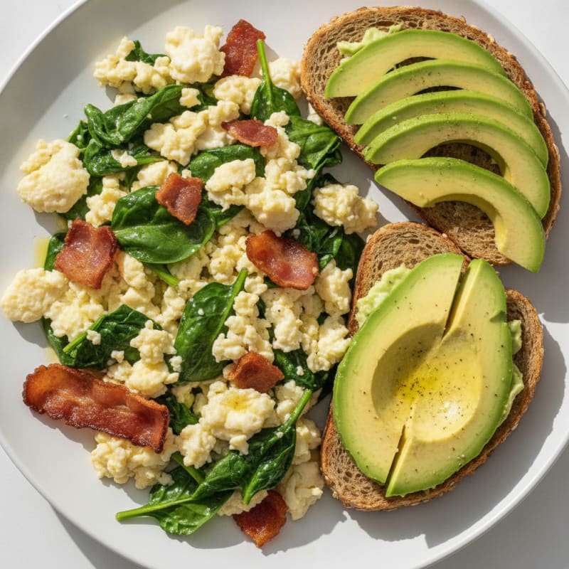 Crispy Turkey Bacon and Egg White Scramble with Sautéed Spinach