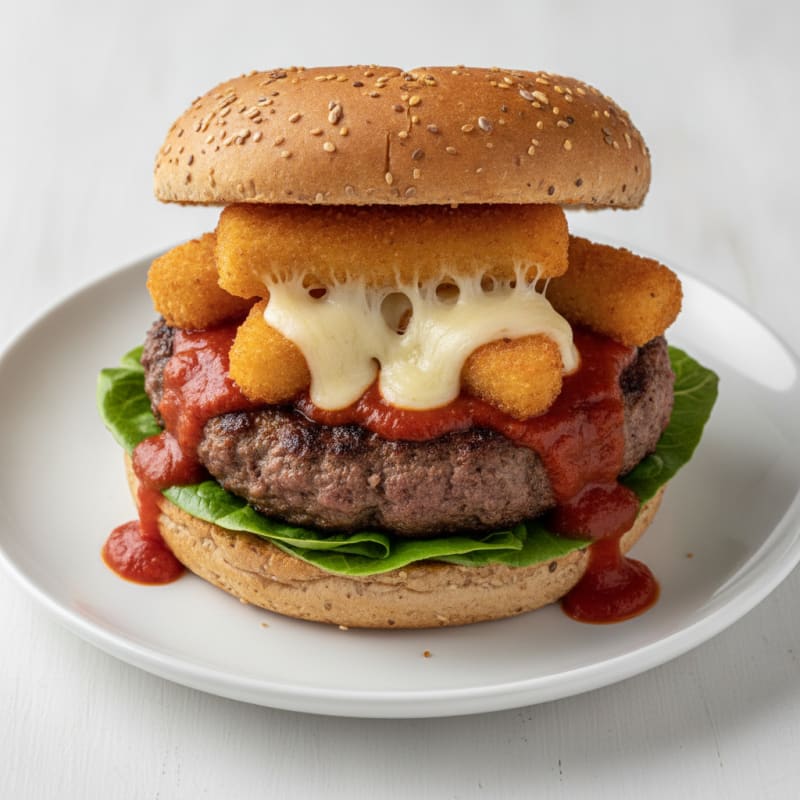 Mozzarella Stick Beef Burger with Marinara