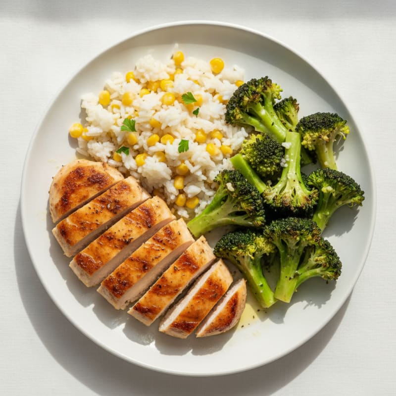 Seared Chicken Breast with Garlic Broccoli and Corn Rice Pilaf
