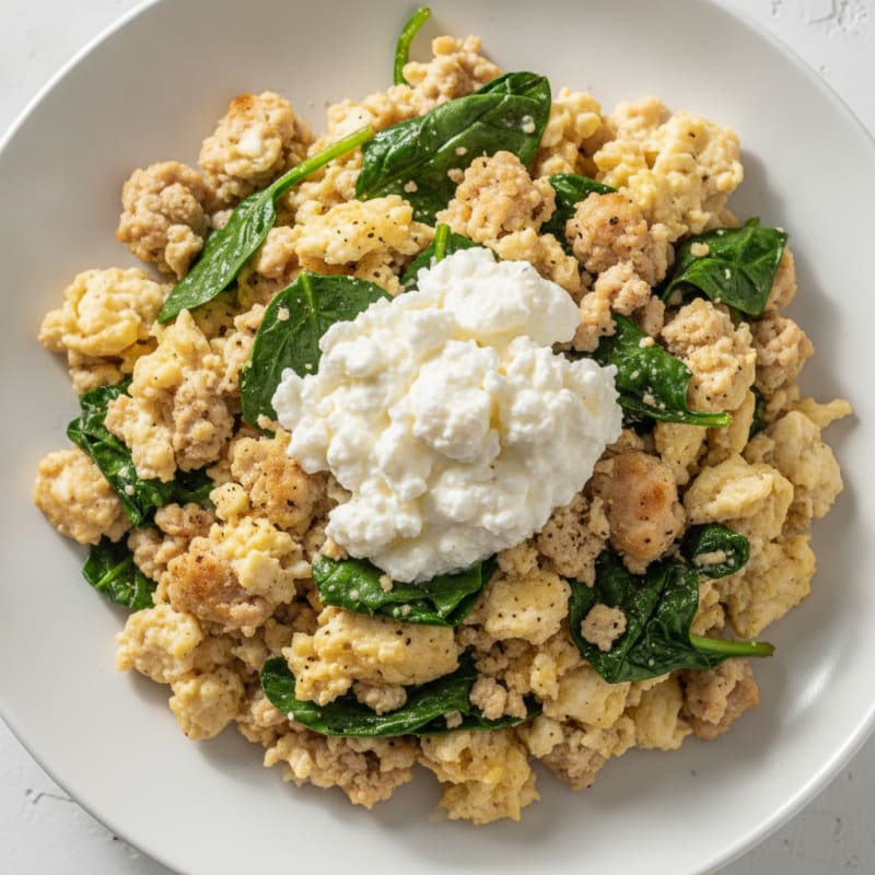 Egg White and Turkey Spinach Scramble with Cottage Cheese