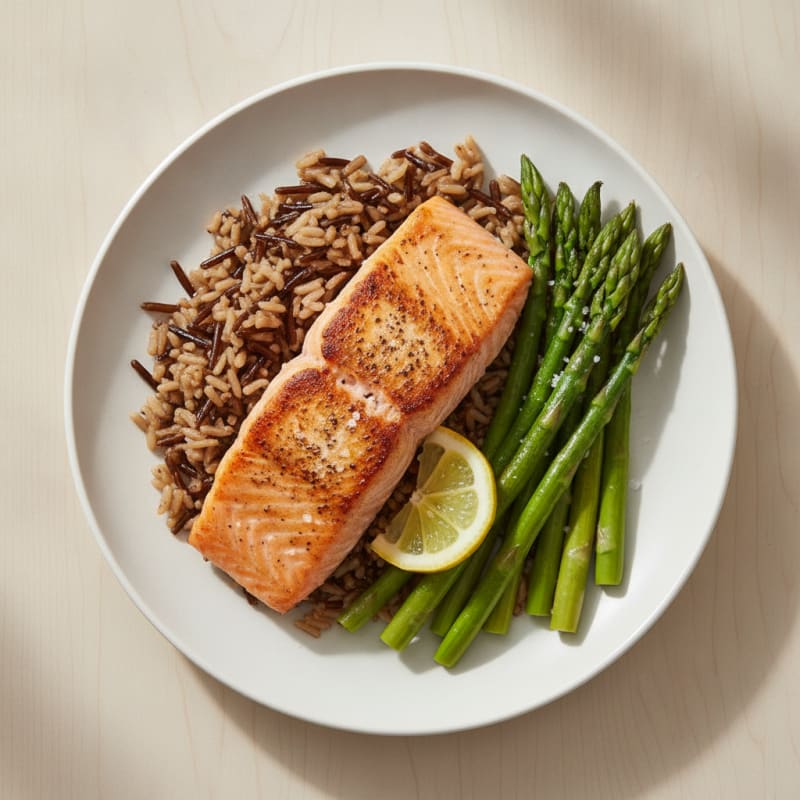Seared Salmon with Steamed Asparagus and Wild Rice