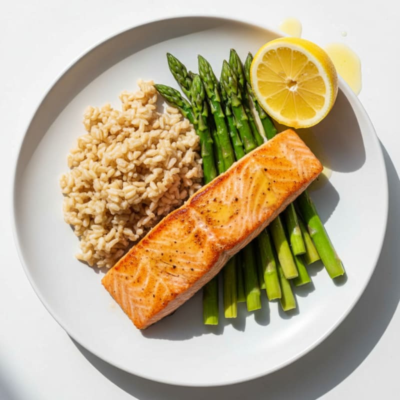 Seared Salmon with Steamed Asparagus and Brown Rice