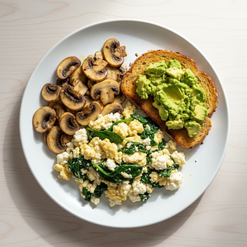 Cottage Cheese Scramble with Spinach and Sautéed Mushrooms