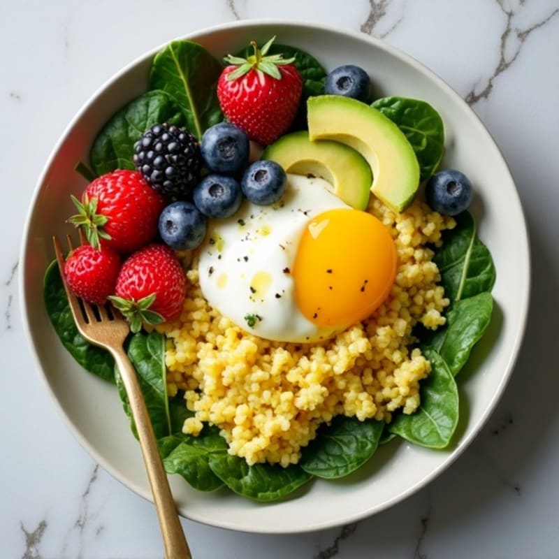 Egg White Spinach Scramble with Cottage Cheese, Fresh Berries & Avocado Drizzle