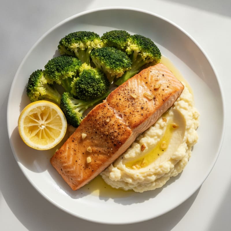 Seared Salmon with Steamed Broccoli and Garlic Mashed Cauliflower