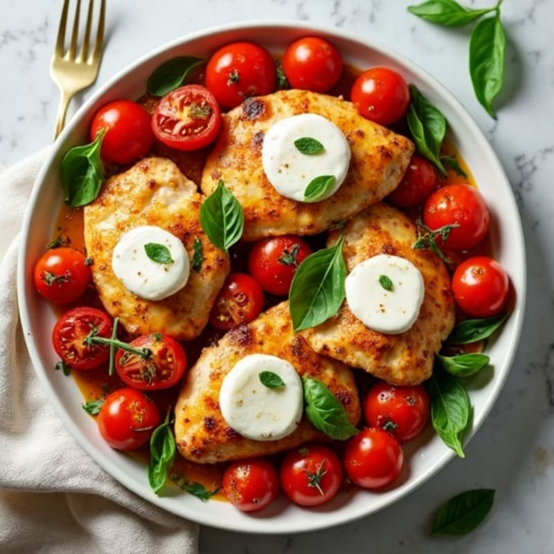 Sheet Pan Chicken with Roasted Tomatoes, Fresh Mozzarella, and Basil