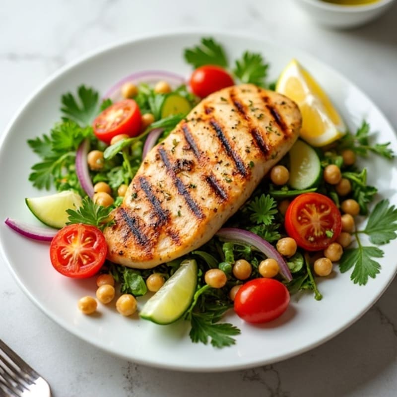 Lemon-Herb Grilled Chicken and Chickpea Salad with Crisp Vegetables