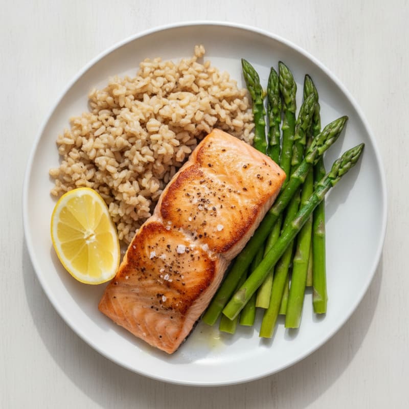 Seared Salmon with Steamed Asparagus and Brown Rice