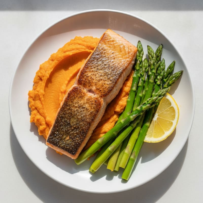 Seared Salmon with Steamed Asparagus and Sweet Potato Mash