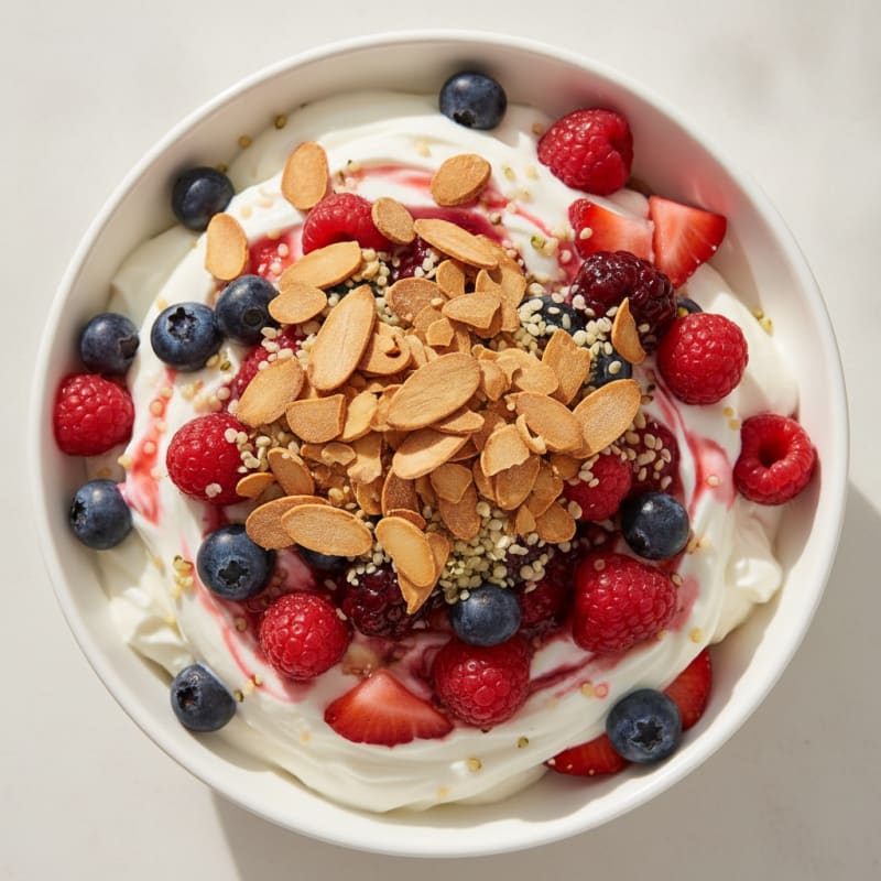 Greek Yogurt Protein Parfait with Mixed Berries and Almonds