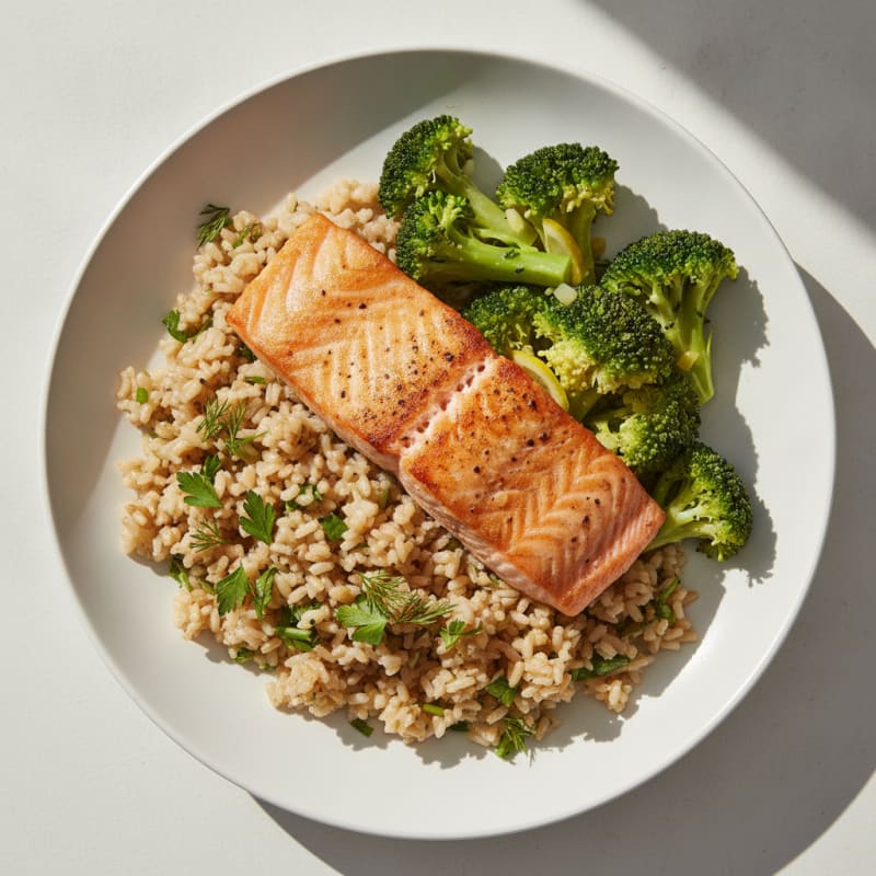 Seared Salmon Fillet with Steamed Broccoli and Herbed Brown Rice