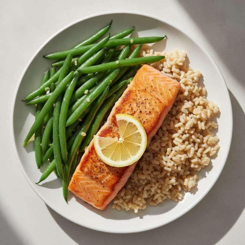 Seared Salmon with Garlic Green Beans and Brown Rice