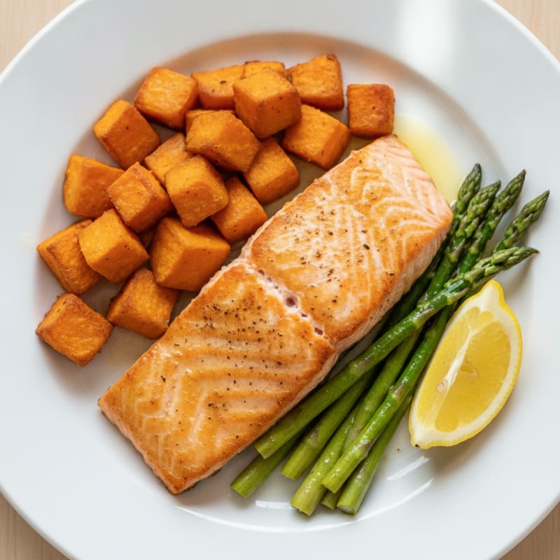Seared Salmon Fillet with Roasted Sweet Potato and Asparagus