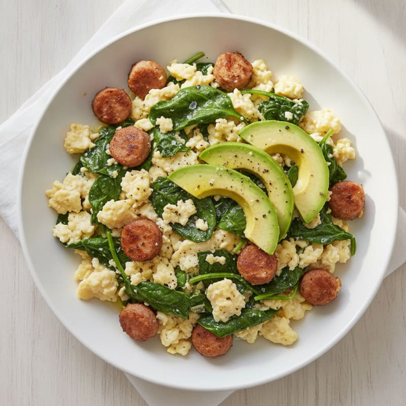 Egg White and Spinach Scramble with Turkey Sausage