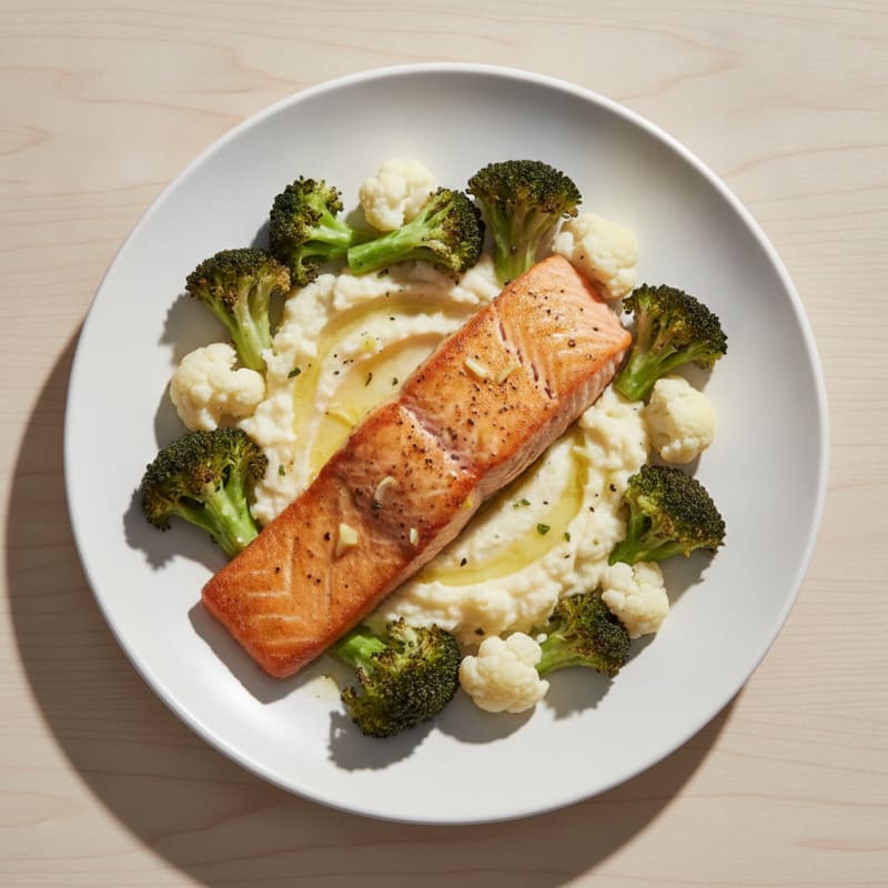 Seared Salmon with Roasted Broccoli and Garlic Mashed Cauliflower