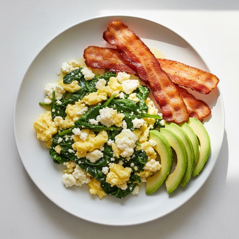 Cottage Cheese Egg Scramble with Spinach and Turkey Bacon