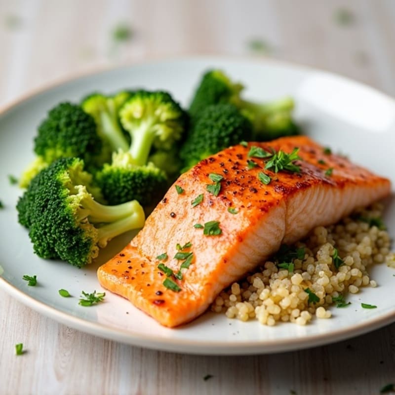 Seared Salmon with Steamed Broccoli and Quinoa