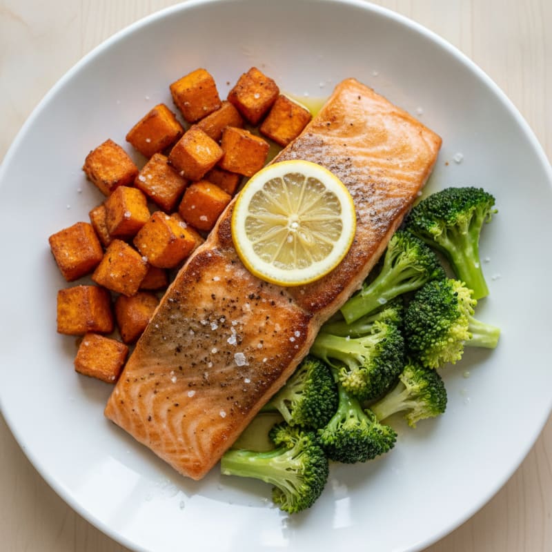 Seared Salmon Fillet with Roasted Sweet Potato and Steamed Broccoli