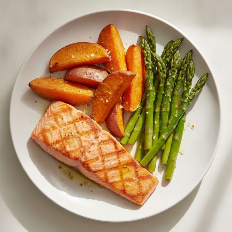 Seared Salmon with Roasted Sweet Potato and Asparagus
